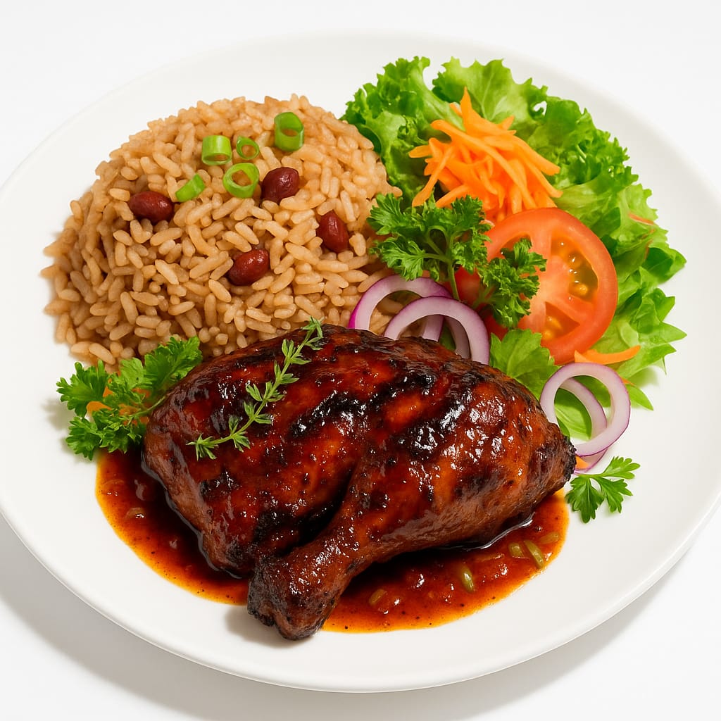 Fire Island Jerk Chicken with rice and peas and salad