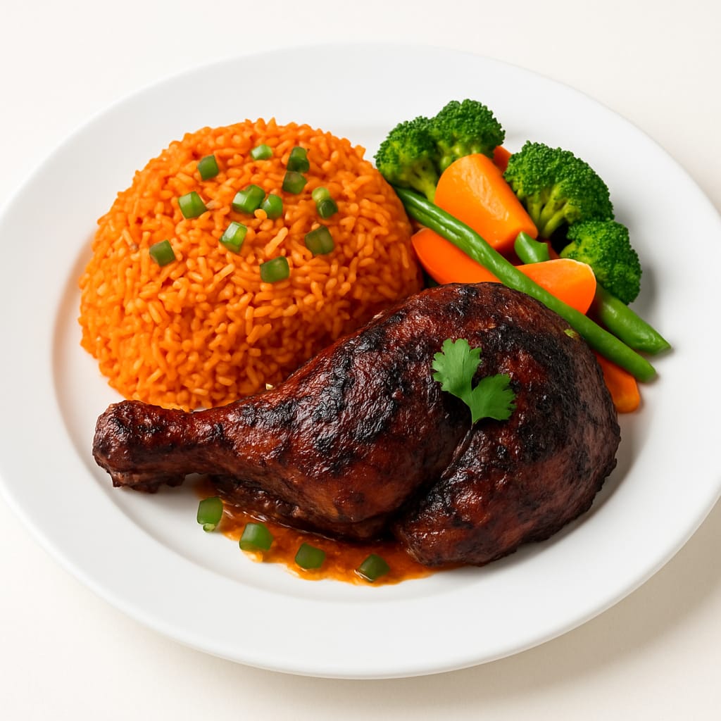 Roots and Rhythm Jollof Blaze with jerk chicken and vegetables
